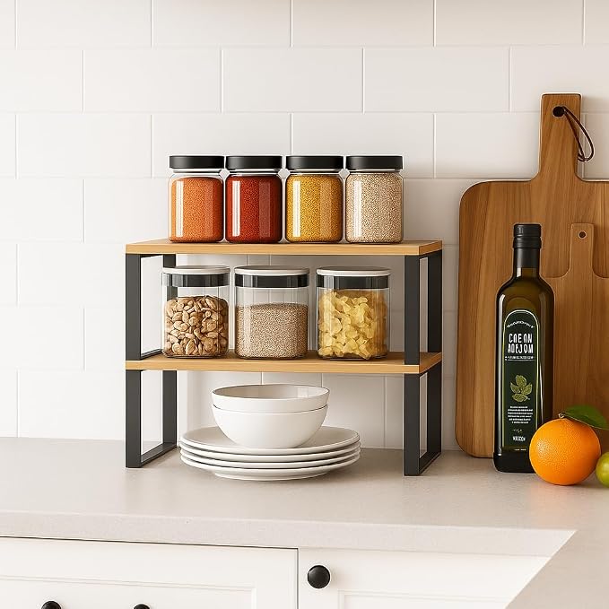 Sben Cabinet Organizer Shelf, Set of 2 Kitchen Counter Shelves, Kitchen Storage, Spice Rack, Stackable, Expandable, Metal and Engineered Wood, Ink Black and Natural Beige - Image 2