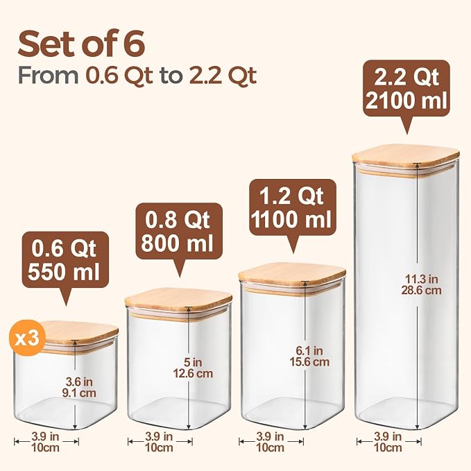 ComSaf Glass Storage Containers Set of 6 (2.2Qt/1.2Qt/0.8Qt/0.6Qt*3) | Pantry Storage Containers, Kitchen Jar, Glass Canisters, Bamboo Lid with Silicone Seal, Flour, Cereal, Spice Jar, BPA Free - Image 2