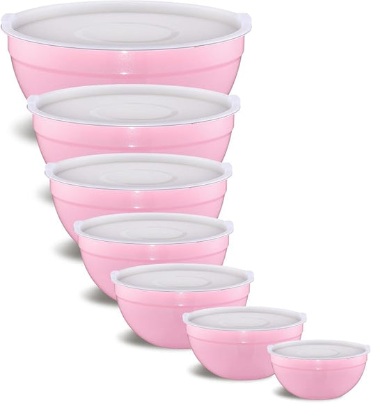 Pink Mixing Bowls With Airtight Lids,Stainless Steel Bowl,Salad Bowls 7 Piece Colorful Nesting Bowl Pink Kitchen Accessories,Size 7,3.6,2.7,2.1,1.5,1.1,0.8QT Stackable Design by Onlycooker