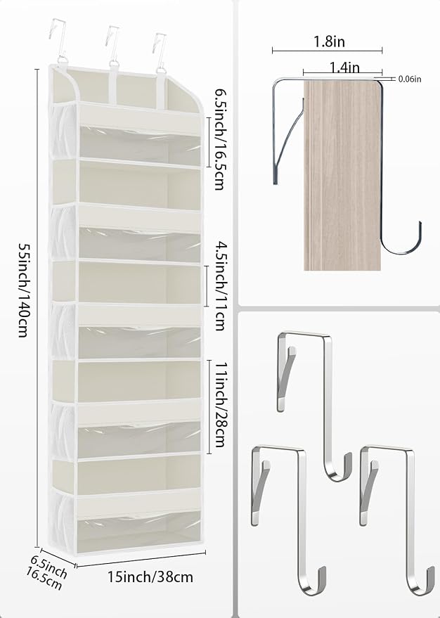 TAHAVICE 2 Pack Over the Door Storage Organizer with 5 Large Pockets | 44 lbs Weight Capacity & 10 Mesh Pockets Door Hanging Organizers and Storage for Bedroom,Bathroom,Nursery,Babyroom(Beige) - Image 6