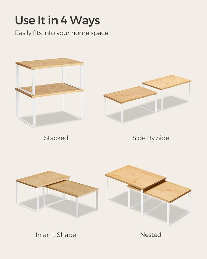 SONGMICS Cabinet Organizer Shelf, Set of 4 Kitchen Counter Shelves, Kitchen Storage, Spice Rack, Stackable, Expandable, Metal and Engineered Wood, Cloud White and Natural Beige UKCS010N01 - Image 7