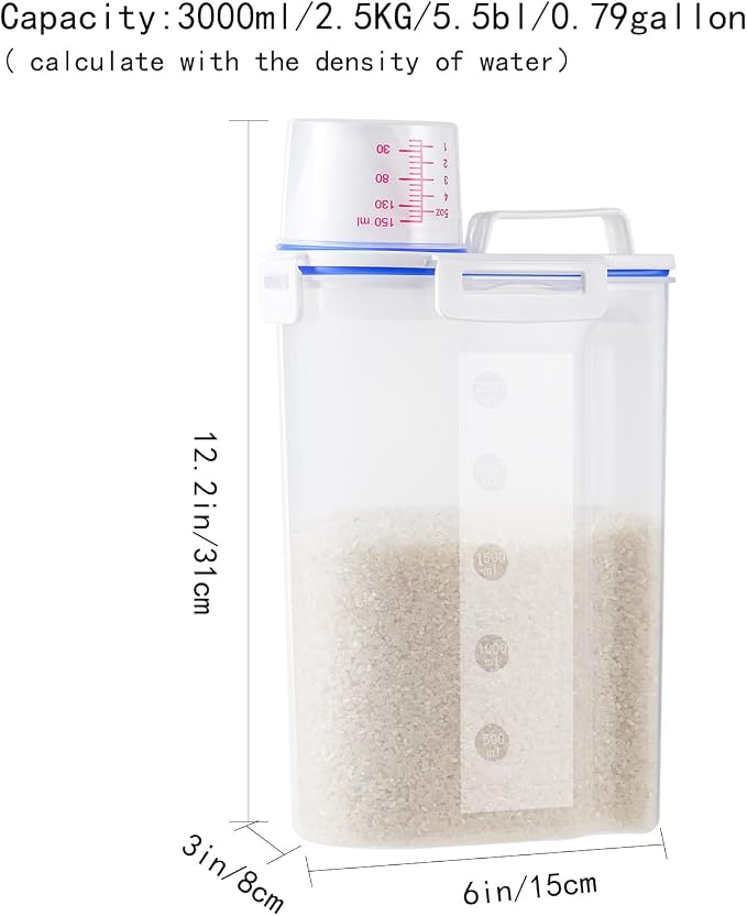 4 Pcs 5 lb Rice Dispenser Flour Storage Container, Airtight Dry Food Storage Bin with Pouring Spout & Measuring Cup, Kitchen Pantry Plastic Clear Jars for Oatmeal, Grain, Cereal, Pasta, Dog Pet Food - Image 2