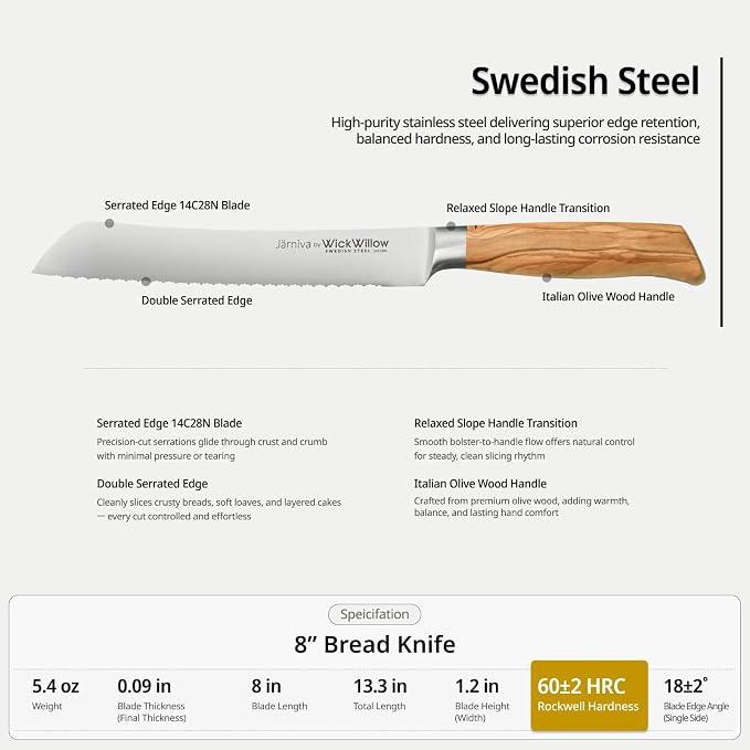 WICKWILLOW 8” Double Serrated Bread Knife – Swedish Steel, Olive Wood | Perfect for sourdough, homemade bread and artisan loaves. Hand wash only. Gift box included. - Image 4