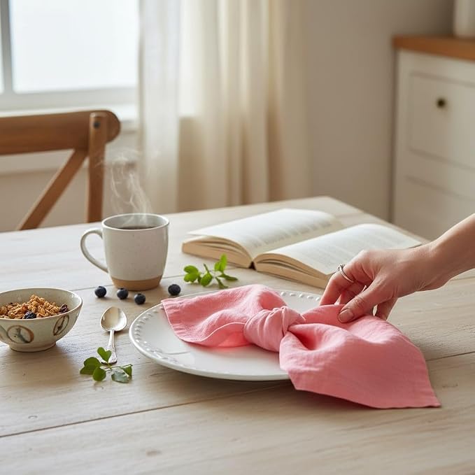 Linen Napkins –100% French Flax – Stonewashed Pure Linen Cloth Napkins - Size 18 Inch x 18 Inch – Set of 4 (Sunset Pink) - Image 2