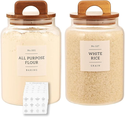 2 Pack Large Glass Flour and Sugar Containers with 132 Pantry Labels - 64 FL OZ Glass Canisters with Bamboo Airtight Lids - Farmhouse Glass Cookie Jars for Rice, Pasta, Cereal, Bath Salt by CZDYSM