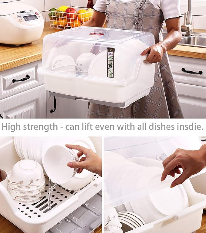Tomorotec Medium Size Dish Drying Rack & Drain Board with Lid Cover, White | Kitchen Counter Drainer with Dust-Proof Clear Cover, Detachable Design with Utensil Holder, Plate Cup Tray Cutlery Drainer - Image 6