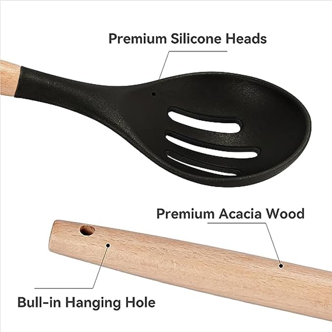 Non-Stick Silicone Cooking Utensils Set, 5 Pcs with Wooden Handle, Heat Resistant Silicone Kitchen Gadgets (Black) - Image 4