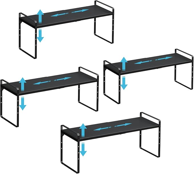 15.5 to 25.5 Inch Kitchen Cabinet Shelf Organizers, Adjustable Kitchen Counter Shelf Organizer, Set of 4 Expandable Countertop Storage Shelves, Stackable Design, 30LBS Heavy Duty, Space Saver by Unknown