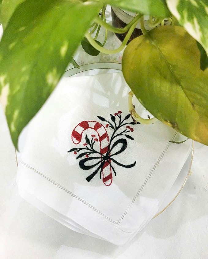 Embroidered Cloth Napkin Candy Cane Christmas Cotton Napkins Set of 6, 20x20 Hemstitch Table Napkins Machine Washable, Daily & Christmas, Great Present Ideas - Image 2