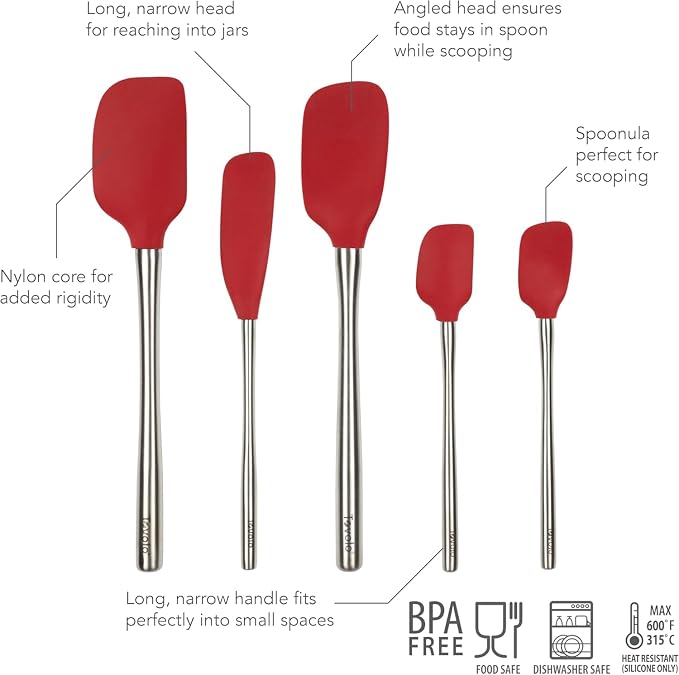 Tovolo Stainless Steel Handled Silicone Spatula Set of 5 Cayenne Red, Dishwasher Safe Kitchen Spatula Set for Cooking Baking, Non Toxic BPA Free Silicone Spatula set with Metal Steel Handle - Image 2