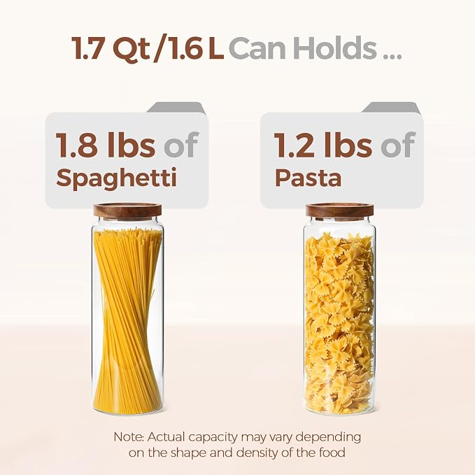 ComSaf Glass Pasta Storage Containers with Acacia Wood Lids 1.7Qt 3Pack | 11.3in Tall jar, for Cooks, Spaghetti Pasta Oats Cereal Beans, Kitchen Pantry Cabinet, Long Canisters with Labels, Durable - Image 4