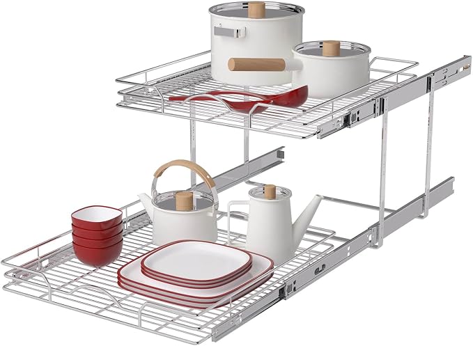 OCG 2 Tier Pull Out Cabinet Organizer (21.5" W x 18" D), Pull Out Shelves for Kitchen Cabinets, Slide Out Pantry Shelves for Base Cabinet Organization in Kitchen Bathroom Pantry, Chrome Finish by OCG