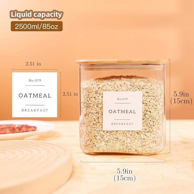 2 Pack Square Glass Flour and Sugar Containers with 132 Kitchen Pantry Labels - Thicken 85 FL OZ Large Glass Storage Jars with Airtight Bamboo Lid - Big Food Canisters for Cookies, Candy, Tea, Coffee - Image 3