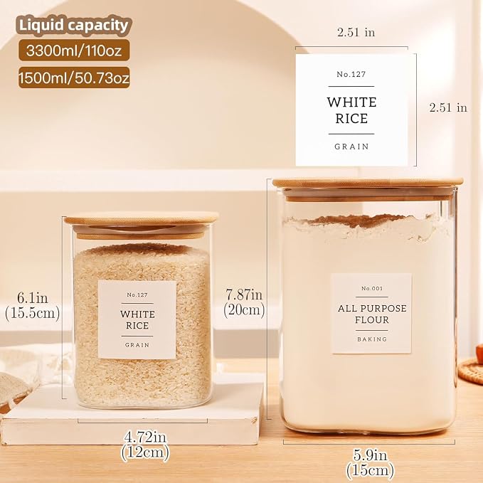 2 Pack large Square Glass Flour and Sugar Containers with 132 Kitchen Pantry Labels - 110 floz & 51 floz - Glass Jars with Airtight Bamboo Lid - Glass Rice Canisters for Coffee, Pasta, Cookie, Cereal - Image 3