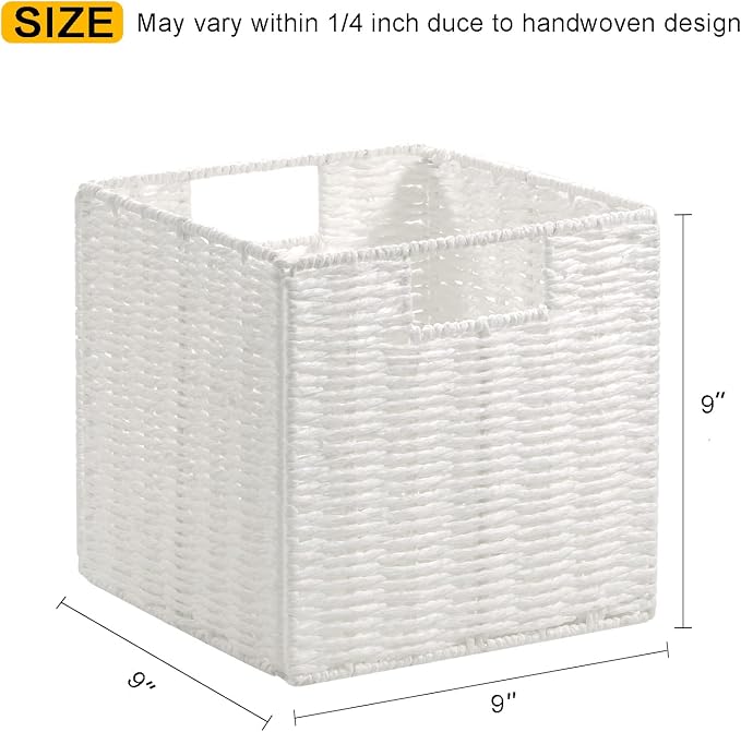 Wicker Baskets for Storage, Set of 4 Hand-Woven Wicker Storage Baskets for Shelves, Cube Storage Baskets Bins with Handles, Wicker Basket for Organizing Pantry Bedroom, White - Image 3