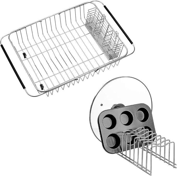 SANNO Dish Drying Rack with Stainless Steel Utensil Holder Large Dish Rack Drainer Lid Organizer Plate Drying Rack, Lid Holder Kitchen Pot Lid Rack Holder by SANNO
