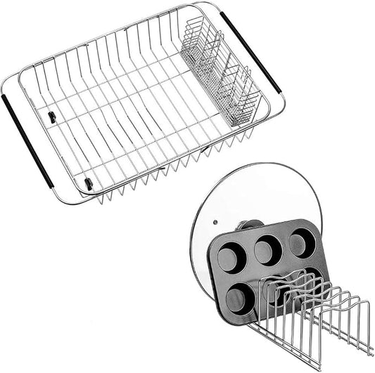 SANNO Dish Drying Rack with Stainless Steel Utensil Holder Large Dish Rack Drainer Lid Organizer Plate Drying Rack, Lid Holder Kitchen Pot Lid Rack Holder by SANNO