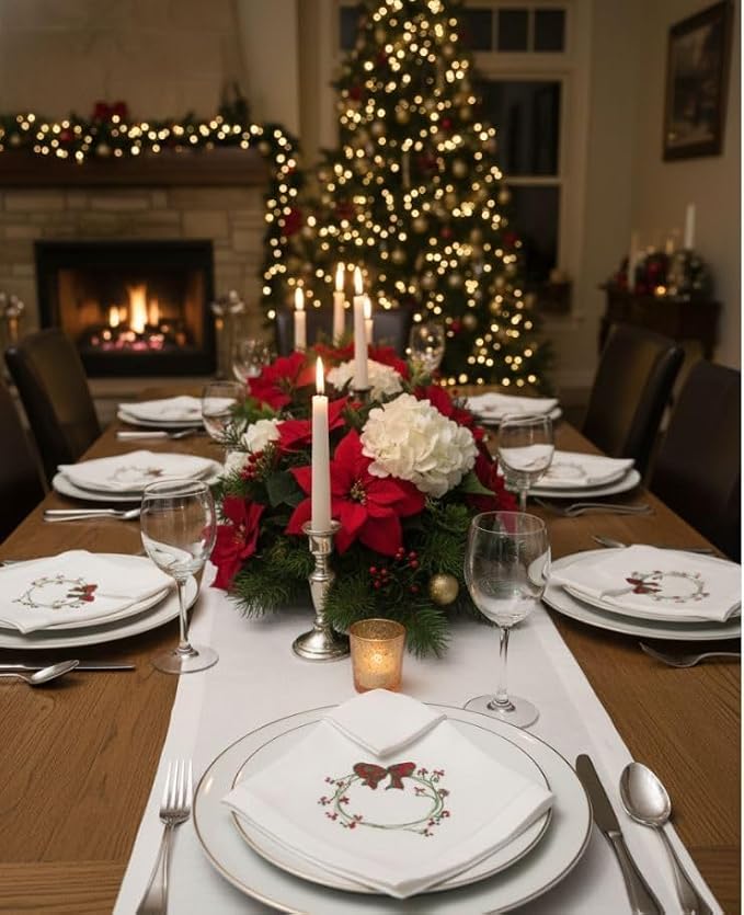 Embroidered Cloth Napkin Red Bow & Berry Wreath Christmas Cotton Napkins Set of 6, 20 x 20 Hemstitch Table Napkins, Machine Washable, Daily & Holidays, Great Gift Ideas - Image 9