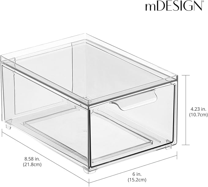 mDesign Plastic Bathroom Organizer Bin w/Pull Out Drawer - Slim Stackable Storage Container for Bathroom Accessories - Perfect for Organizing Bathroom Cabinet - Lumiere Collection - 4 Pack - Clear - Image 3