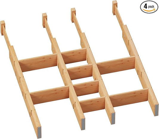 Bamboo Drawer Dividers with Inserts, Kitchen Adjustable Drawer Organizers, Expandable Organization for Home, Dressers, 4 Dividers with 8 Inserts by VRICCC