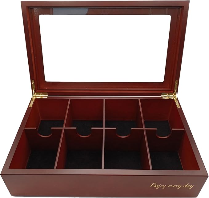 BJOYFUL&LOVED Wooden Tea Box with Glass Lid, 8-Compartment, Cherry Color | Removable Dividers Customize Storage for Tea Bags, Sugar Packets, Coffee Capsules, Jewelry, Watches and Small Accessories by BJOYFULLOVEDBJL