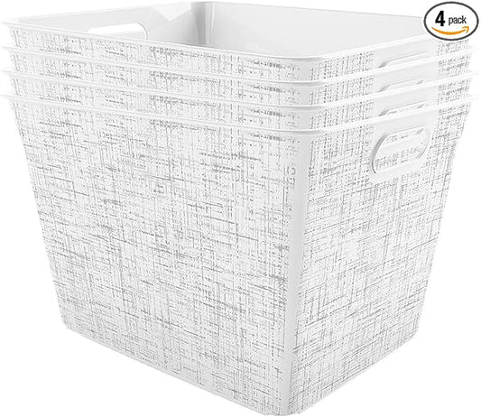 Curver Set of 4 Large V Baskets Decorative Plastic Organization and Storage Basket, White with Tweed Pattern by Unknown