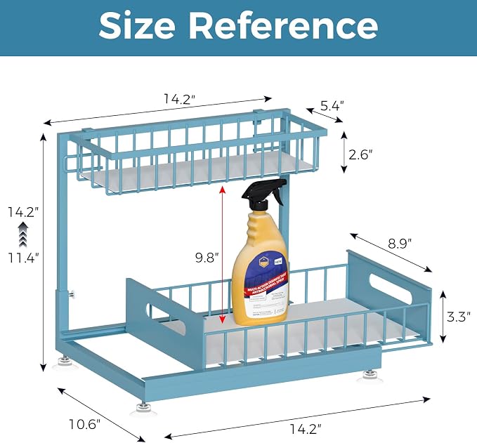 L-Shaped Under Sink Organizer, 2-Tier Pull-out Cabinet Rack 1-Pack | Teal Height-Adjustable Steel Rack, Sliding Grid Drawers with PP Liners, Holds 100 Lbs, Suction Base, Ideal Kitchen Storage - Image 6