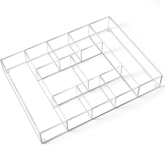 Large Acrylic Desk Deep Drawer Organizer with Adjustable Dividers, Anti-skip Clear Desk Top Junk Drawer Storage Tray for Pens, Desktop, Office, Bathroom, Kitchen, Makeup Supplies(10 Compartments) by Briwooody