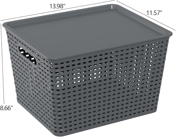 6-Pack Large Plastic Storage Baskets with Lid, Stackable Bins | 13.98" x 11.57" x 8.66", Organizer Bins for Office, Bathroom, Kitchen, Pantry, Gray - Image 2