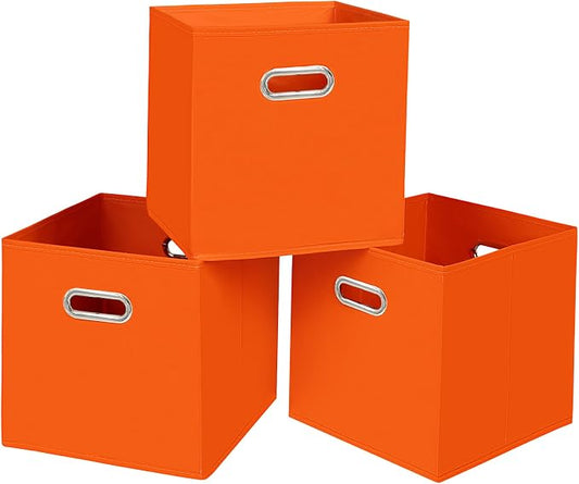 Black Fabric Cubby Storage Bins,13x13x13 Inches ,Cube Organizer Bin Foldable Storage Boxes with Dual Handles Fabric Organizer Box and collapsible Storage basket,Set of 3,Orange by Yunkeeper