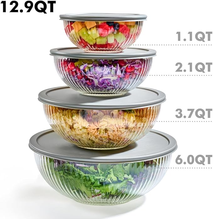 8pc Ribbed Glass Mixing Bowls with Leakproof Airtight Lids - BPA-Free Meal Prep Stackable Space Saving Nesting, Kitchen Baking Food Storage & Serving Containers - Microwave, Freezer, Dishwasher Safe. - Image 4