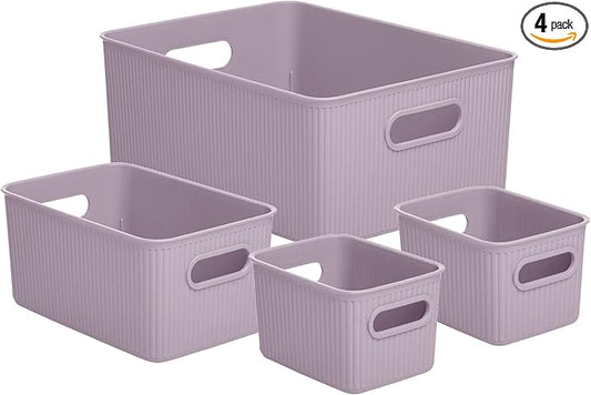 Superio Ribbed Collection - Decorative Plastic Basket Open Home Storage Bins Organizer, Lilac Purple (Set of 4) 1 Large, 1 Medium, 2 Small - Containers for Organizing Closet Storage Bins for Shelves by Superio