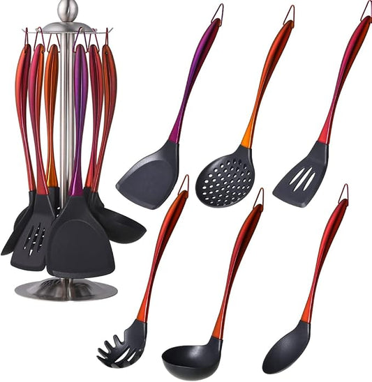 Silicone Cooking Utensil Set, 6 pcs Silicone Cooking Kitchen Utensils Set, Non-stick Kitchen Cookware Titanium Stainless Steel Handle with Utensil Holder, Spatula Set for Cooking -Orange Red by QOBIMOON