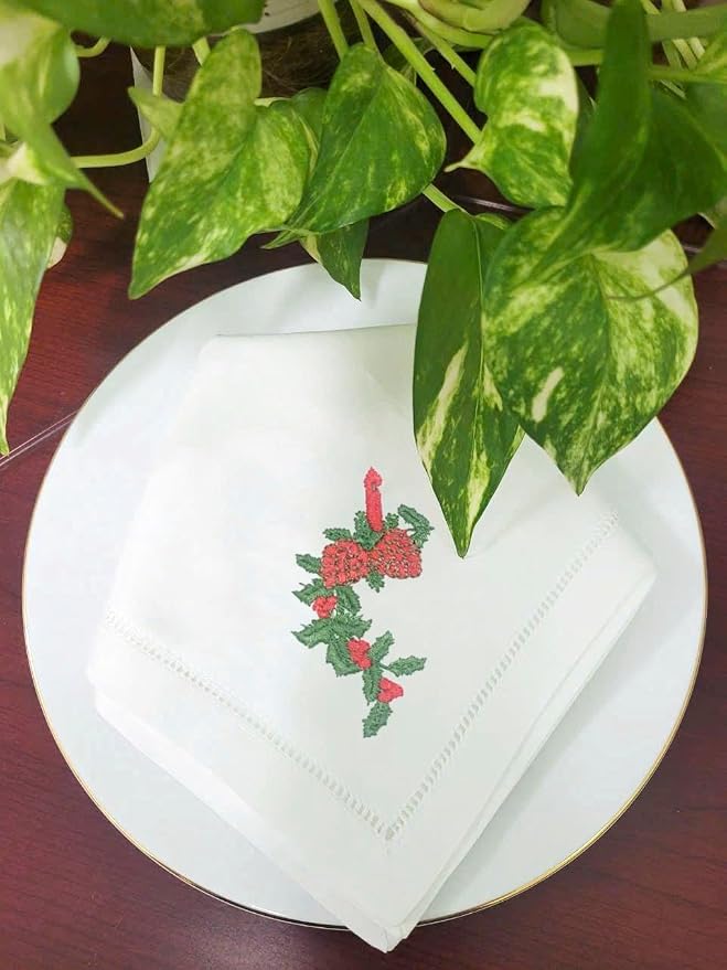 Embroidered Cloth Napkin Strawberry Candle Holly Christmas Cotton Napkins Set of 6, 20 x 20 Hemstitch Table Napkins Machine Washable, Daily & Holidays, Great Gift Ideas - Image 9