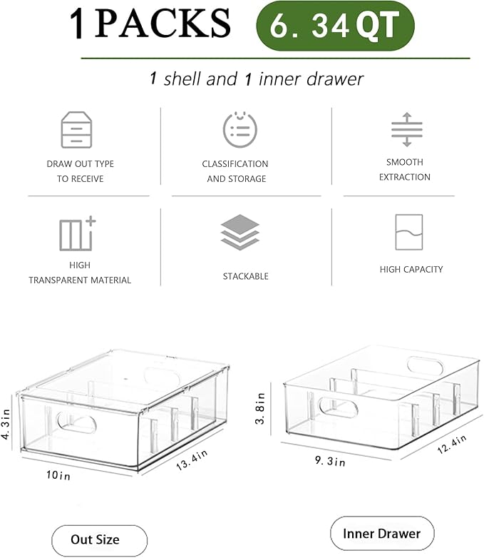 bealy Clear Drawer Organizer with 3 Dividers, Fruit Containers for Fridge Organization, Clear Stackable Storage Drawers, BPA Free, 6.34QT - Image 4