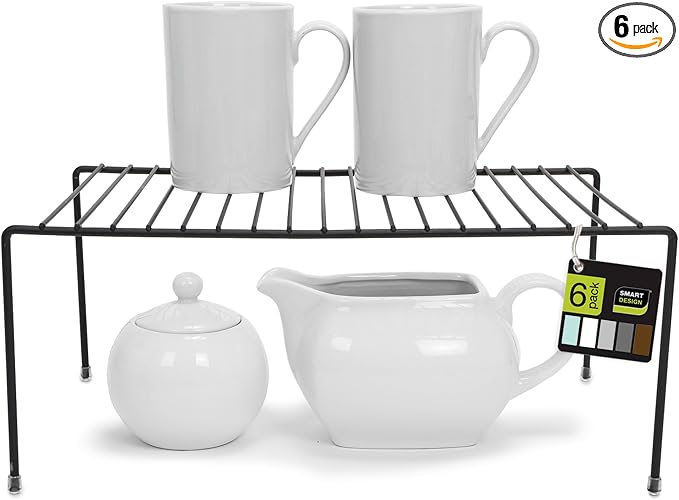 Smart Design Cabinet Storage Shelf Rack - Set of 6 - Medium - 8.5 x 13.25 Inch - Non-Slip Feet - Steel Metal Frame - Rust Resistant Coating - Cup, Dish, Counter & Pantry Organization - Kitchen - Black by PROMART