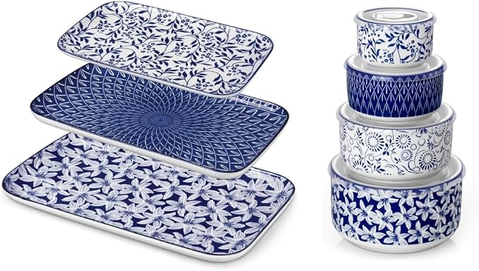 vancasso Serving Platters Set of 3, 16"/14"/12" Inch Rectangular Trays + Ceramic Mixing Bowls with Lids Set of 4,Ceramic Serving Bowls,Nesting Bowls for Food Storage by vancasso