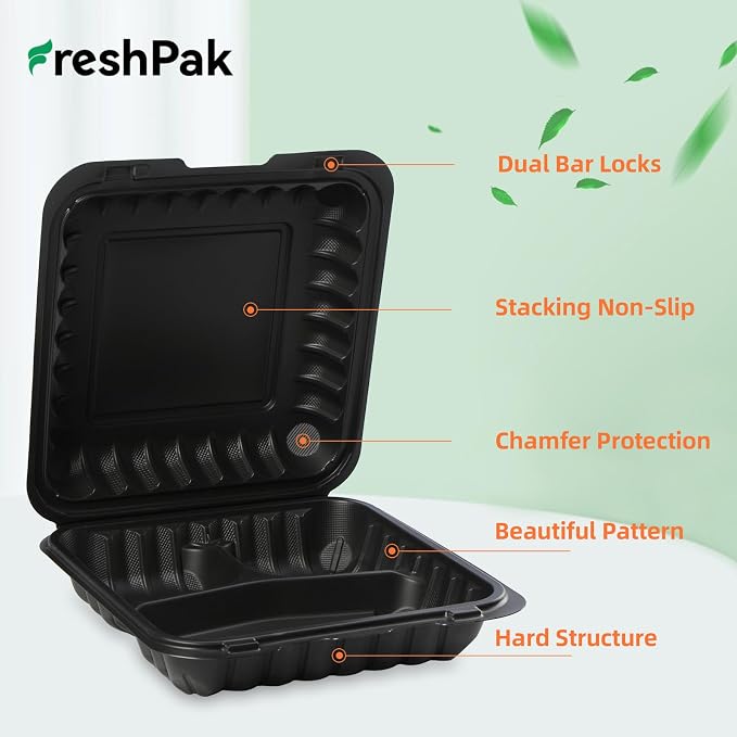 55-Pack 34oz 8x8 Black To Go Boxes - Shrink Wrapped Ready To Use | 3-Compartment MFPP Clamshell Container | Heavy Duty BPA Free, Microwave Safe | Takeout Box for Meal Prep, Leftover & Party - Image 5