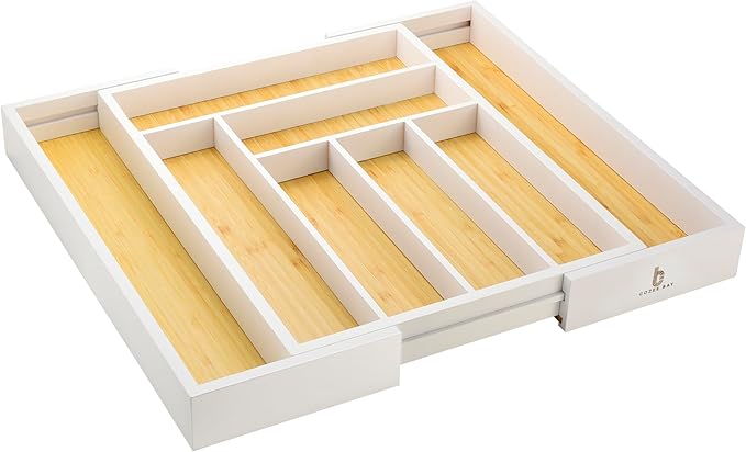 Bamboo drawer organizer, utensil holder, silverware organizer, and adjustable cutlery tray with drawer dividers, for kitchen, office desk, and bathroom storage (White) by CozeeBay