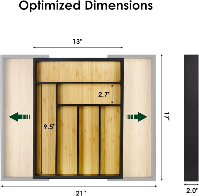Bamboo drawer organizer, utensil holder, silverware organizer, and adjustable cutlery tray with drawer dividers, for kitchen, office desk, and bathroom storage (Black) - Image 5