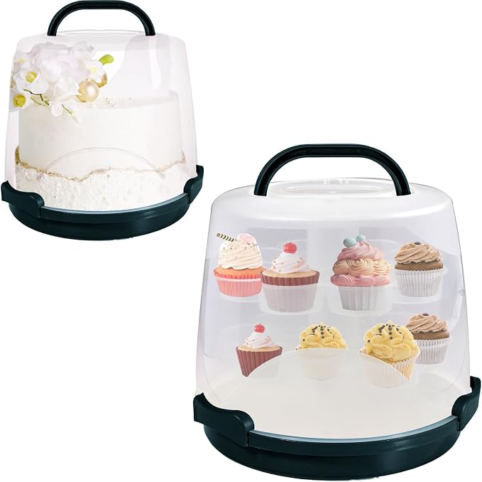 Cake Carrier Round Cake Stand Plus Height Cake Container with Cupcakes Pad, Handle, Lid Reusable Package Box for Transporting Desserts,Pie,Toast,Fruit (10" Black) by HomDSim