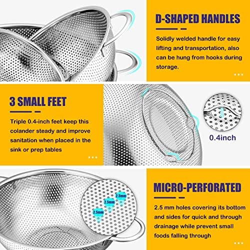 E-far Mixing Bowls with Lids Set of 3 with Stainless Steel Colander Set of 3, Nesting Bowls for Baking and Prepping, Micro-Perforated Colander Strainer for Kitchen/Draining Pasta/Rinsing Vegetables - Image 5