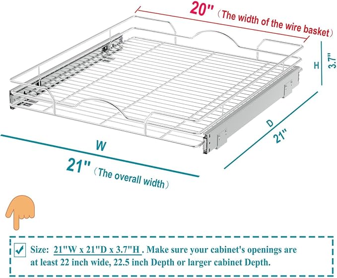 OCG Pull Out Cabinet Organizer (21" W x 21" D), Pull out Shelves 1 Tier, Cabinet Slide Out Shelves for Base Cabinet Organization in Kitchen Bathroom Pantry, Bottom Mount, Chrome Finish - Image 2