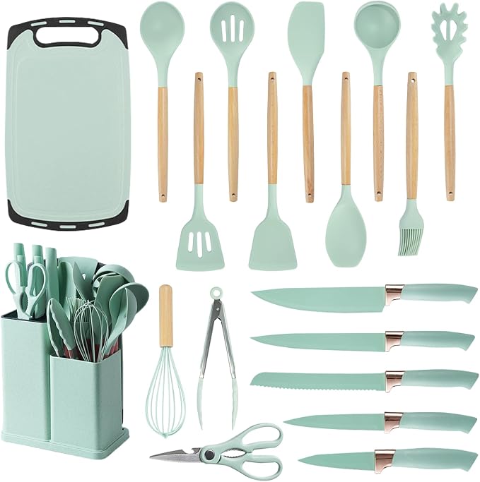 Cooking Utensils Set - 19 Piece Set with 11 Spatulas, 6 Sharp Knives, Silicone Utensils & Cutting Board (Green) by SHUNIKING