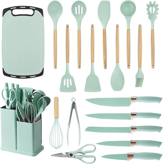 Cooking Utensils Set - 19 Piece Set with 11 Spatulas, 6 Sharp Knives, Silicone Utensils & Cutting Board (Green) by SHUNIKING