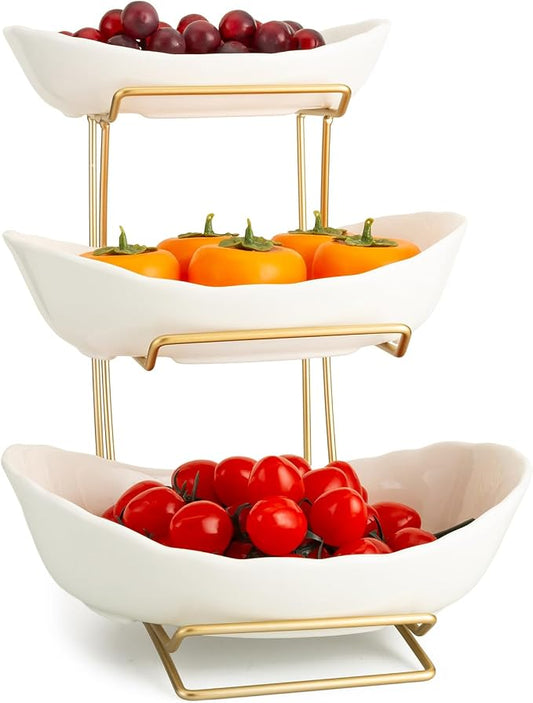 3 Tier Ceramic Fruit Bowls for Kitchen Counter with Metal Rack, Fruit Basket with Stand, Porcelain Bowls for Fruit Vegetable Bread Candy Snack Nuts Dessert Cake Tray (White 3 Layer) by jessie