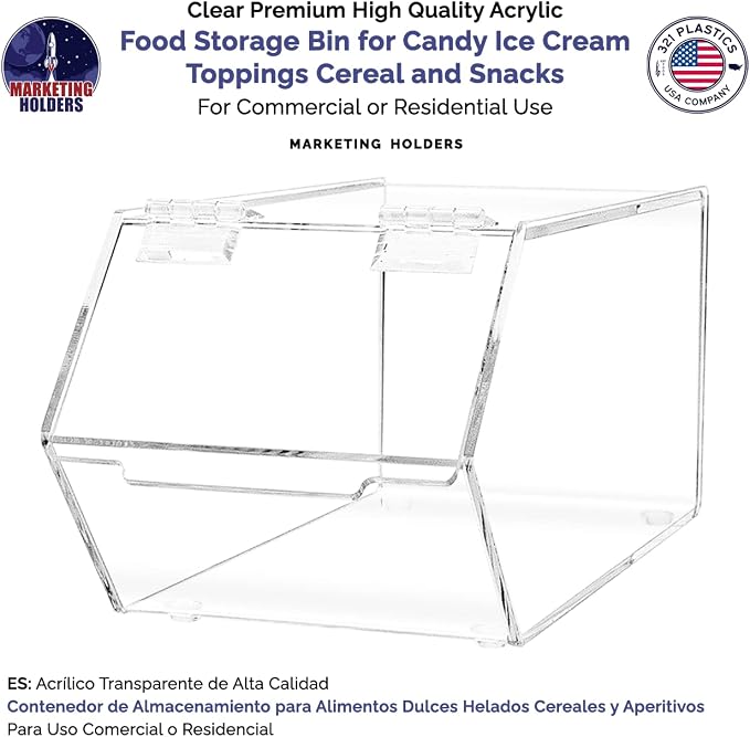 Food Storage Bin with Hinged Lid for Ice Cream Toppings 5" x 11" Candies Nuts Granola Cereal Clear Acrylic Dispenser No Assembly by Marketing Holders - Image 2