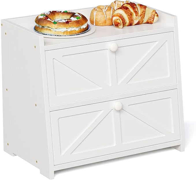 Trironsun Vintage Double Layer Bread Box for Kitchen Counter Bamboo Bread Storage Container Large Capacity Bread Storage Bin (White) by TrironsunHome