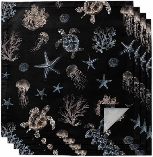 Coastal Black Cloth Napkins Set of 4 - Blue Sea Turtle Starfish Coral Ocean Jellyfish Washable Dinner Napkins Reusable Table Napkins for Party Weeding Dining Table Setting Decoration,Oversized 20"x20" by Unknown
