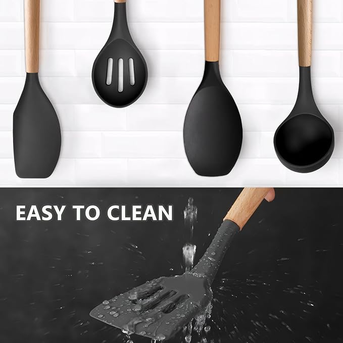 Silicone Cooking Utensils Set of 5, Heat Resistant Silicone Kitchen Utensils Set with Wooden Handle, BPA Free Spatula Spoon Turner Ladle Cooking Kitchen Gadgets for Nonstick Cookware & Baking - Image 7